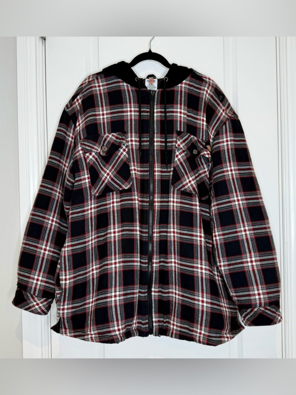 Dickies Quilted Hooded Plaid Flannel Shirt Jacket Mens XXL Black and Red